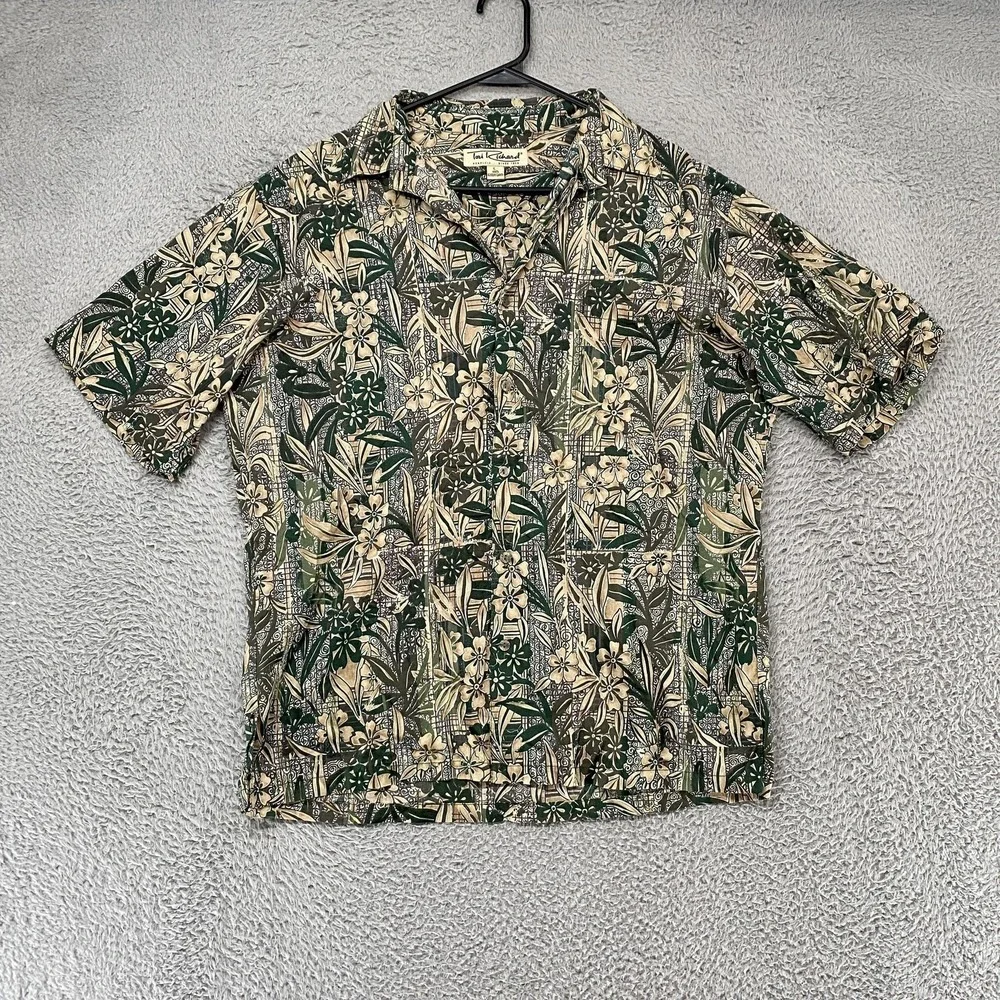 Tori Richard Camp Shirt Mens Large Green Floral Hawaiian Short Sleeve Button Up